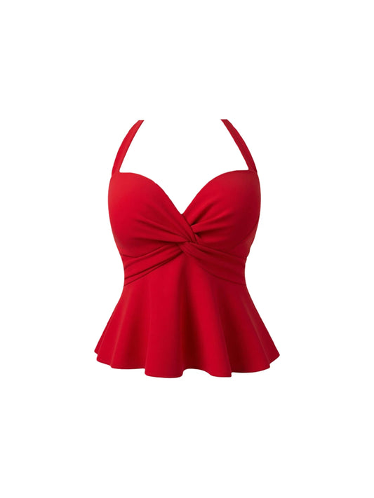 Hot Girls Twist-Front Peplum Crop Top Bodycon Mini Skirt Playful Red Halter Neck Ruched Two-Piece Set Short Dress AP5969