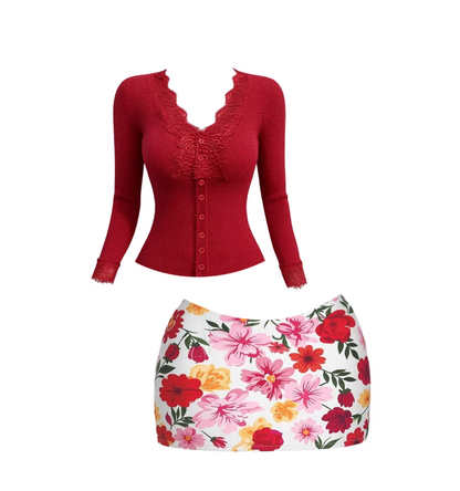 Gen Z Style V-Neck Knit Top Two-Piece Set Bodycon Mini Skirt Sweet Burgundy Lace-Trimmed Colorful Floral High-Waisted Short Dress AP5970