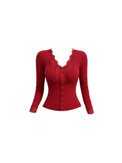 Gen Z Style V-Neck Knit Top Two-Piece Set Bodycon Mini Skirt Sweet Burgundy Lace-Trimmed Colorful Floral High-Waisted Short Dress AP5970