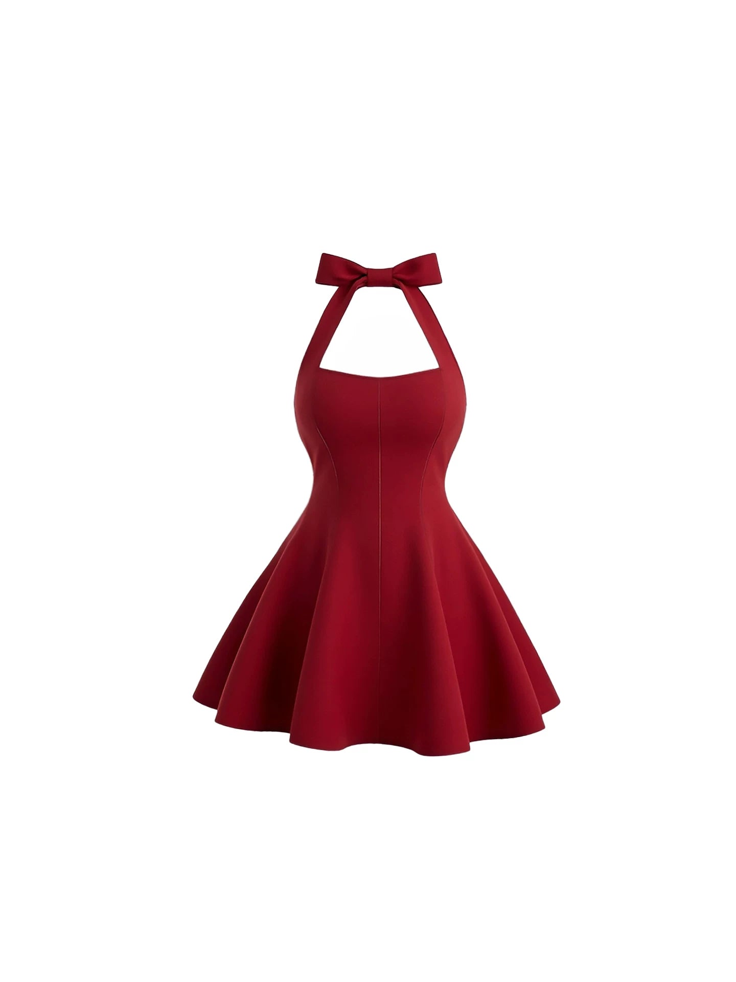 Hottie Bow Detail Flared A-Line Mini Skirt Playful Burgundy Halter Neck Halter Short Dress AP5971