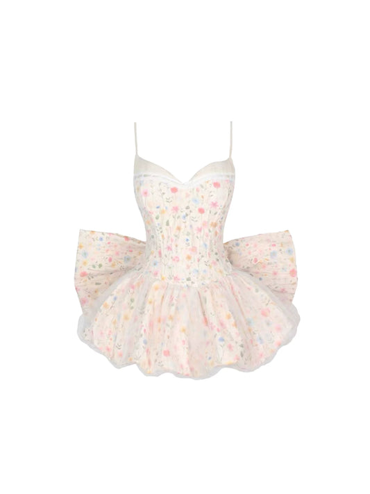 Y2K Style Sweetheart Corset Bow Bubble Hem A-Line Mini Skirt Cute Pastel Multicolor Floral Print Spaghetti Strap Short Dress AP5973