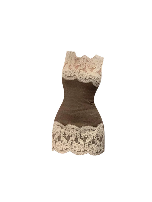 Retro Sleeveless Jewel Neck Bodycon Mini Skirt Chic Brown Scalloped Lace Detailed Short Dress AP5974