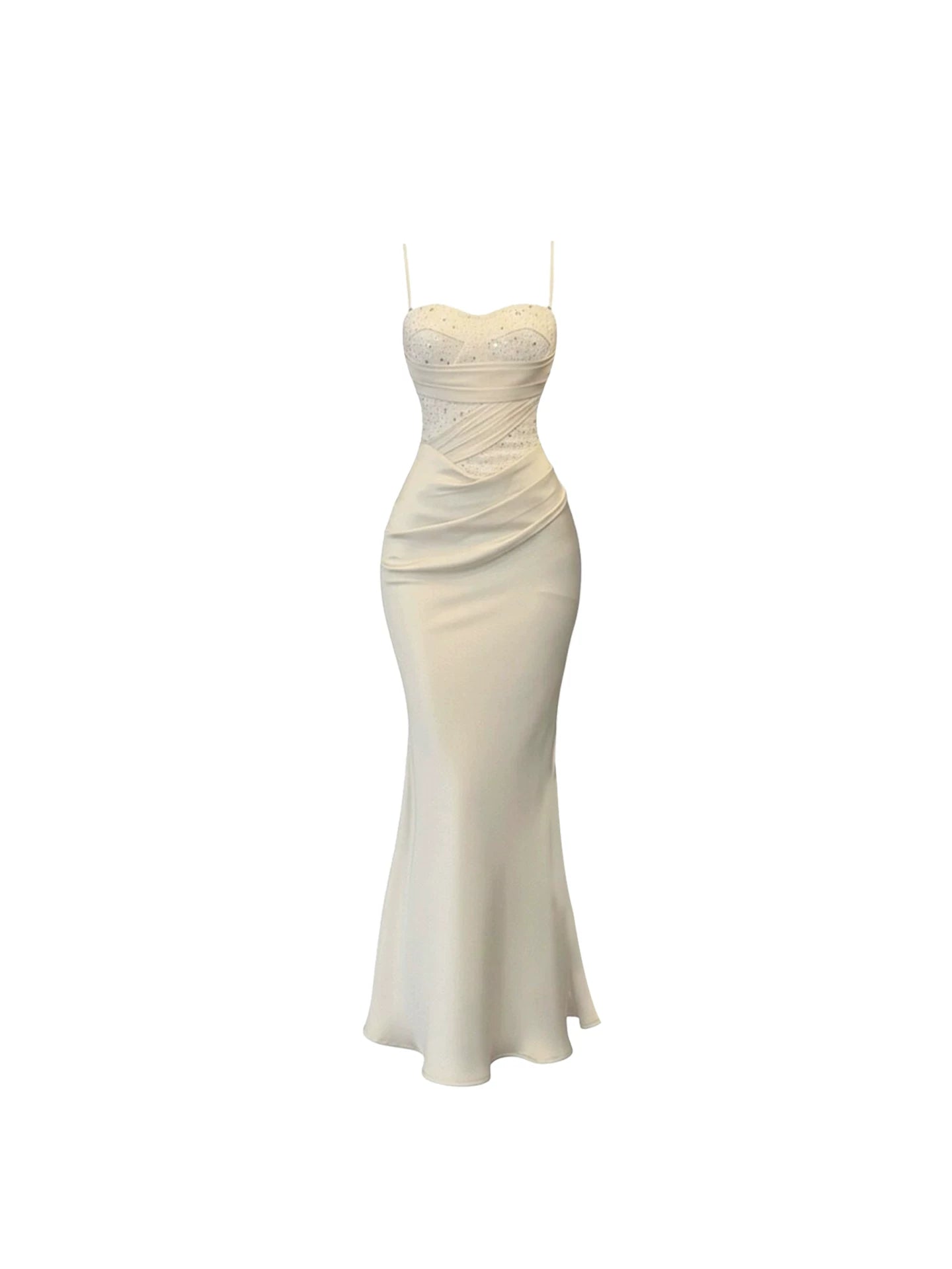 Lovely Sequins Bust Ruched Waist Maxi Skirt Glamorous Ivory Satin Thin Spaghetti Straps Mermaid Long Dress AP5979