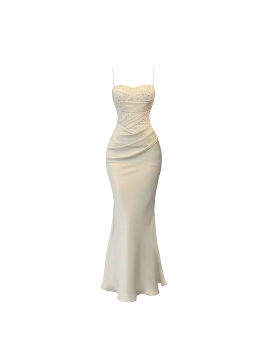 Lovely Sequins Bust Ruched Waist Maxi Skirt Glamorous Ivory Satin Thin Spaghetti Straps Mermaid Long Dress AP5979