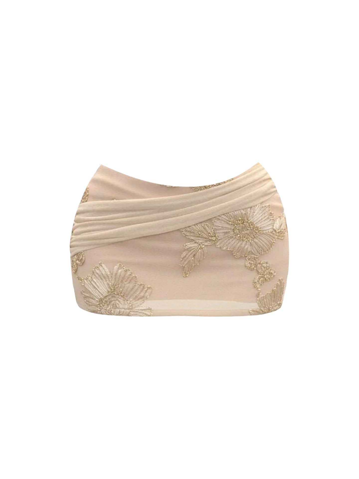 Refined 2-Piece Set Strapless Corset Crop Top Draped Bodycon Mini Skirt Sexy Nude Gold Embroidered Floral Mesh Short Dress AP5980