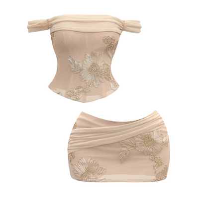 Refined 2-Piece Set Strapless Corset Crop Top Draped Bodycon Mini Skirt Sexy Nude Gold Embroidered Floral Mesh Short Dress AP5980