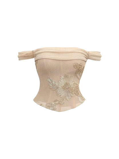 Refined 2-Piece Set Strapless Corset Crop Top Draped Bodycon Mini Skirt Sexy Nude Gold Embroidered Floral Mesh Short Dress AP5980