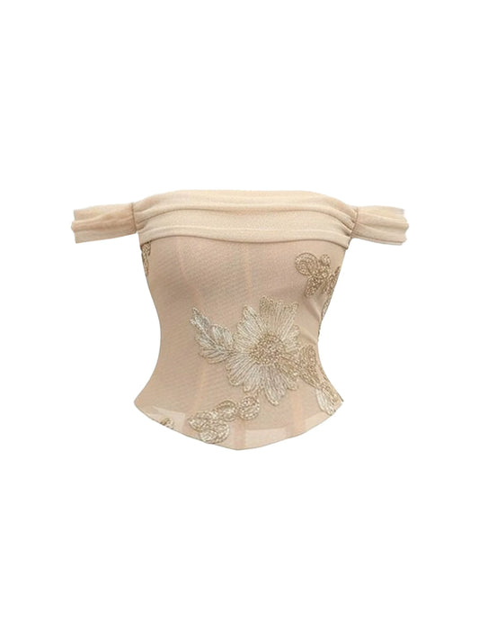 Refined 2-Piece Set Strapless Corset Crop Top Draped Bodycon Mini Skirt Sexy Nude Gold Embroidered Floral Mesh Short Dress AP5980