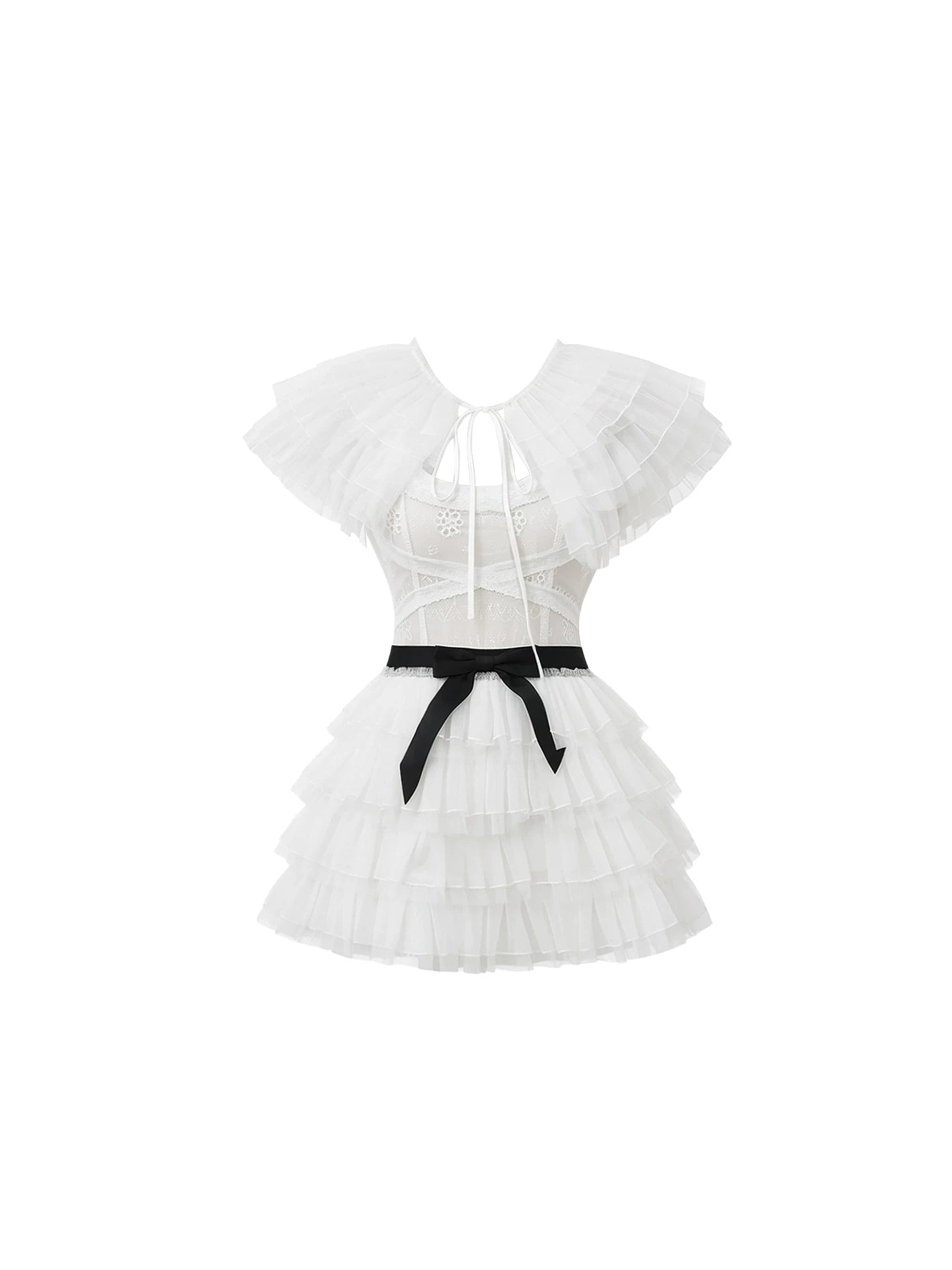 Superb Ruffled Shoulders Lace-Up Bust A-Line Mini Skirt Elegant White Chiffon Multi-Layered Ruffle Black Sash Bow Short Dress AP5983