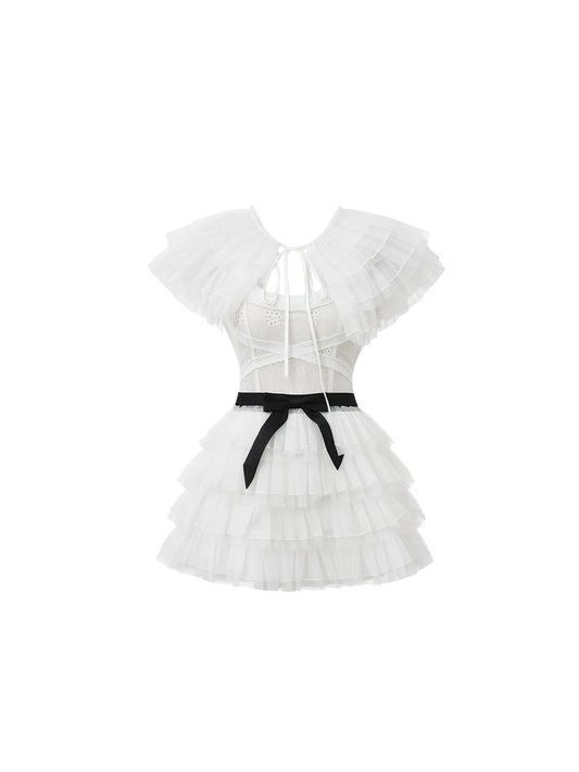 Superb Ruffled Shoulders Lace-Up Bust A-Line Mini Skirt Elegant White Chiffon Multi-Layered Ruffle Black Sash Bow Short Dress AP5983