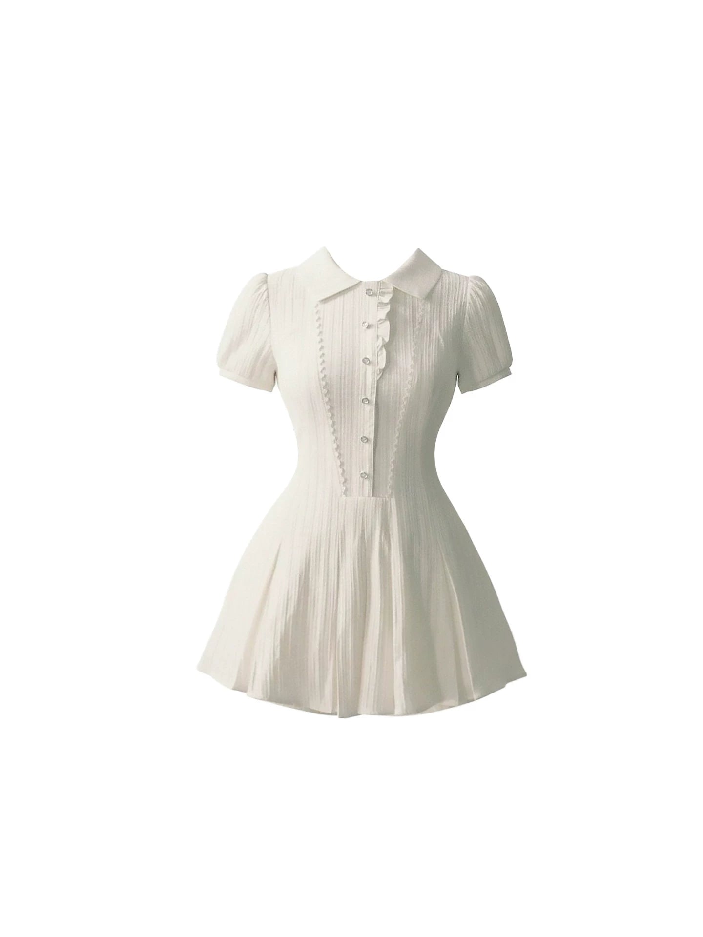 Wonderful Lapel Collar Short Puff Sleeves A-Line Mini Skirt Cute Ivory Button Front Pleated Flared Short Dress AP5984