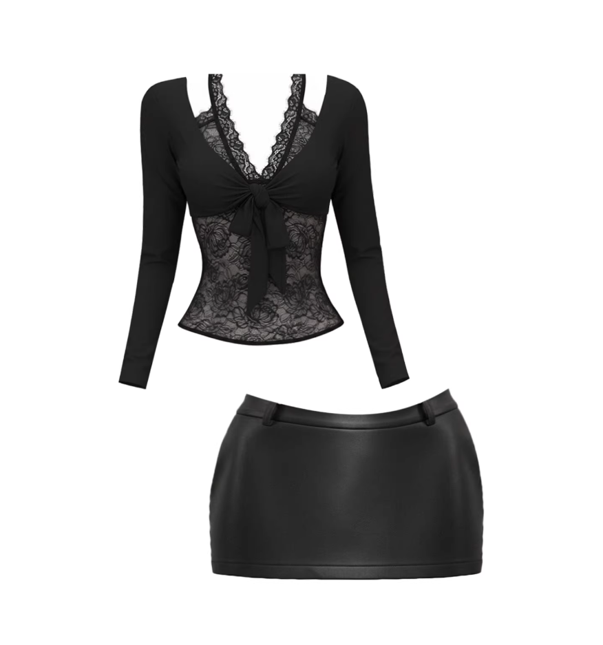 Amazing Bow Tie Top Leather Low Rise Bodycon Mini Skirt Sexy Black Sheer Floral Lace Long Sleeve Two Piece Short Dress AP5985