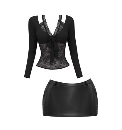 Amazing Bow Tie Top Leather Low Rise Bodycon Mini Skirt Sexy Black Sheer Floral Lace Long Sleeve Two Piece Short Dress AP5985