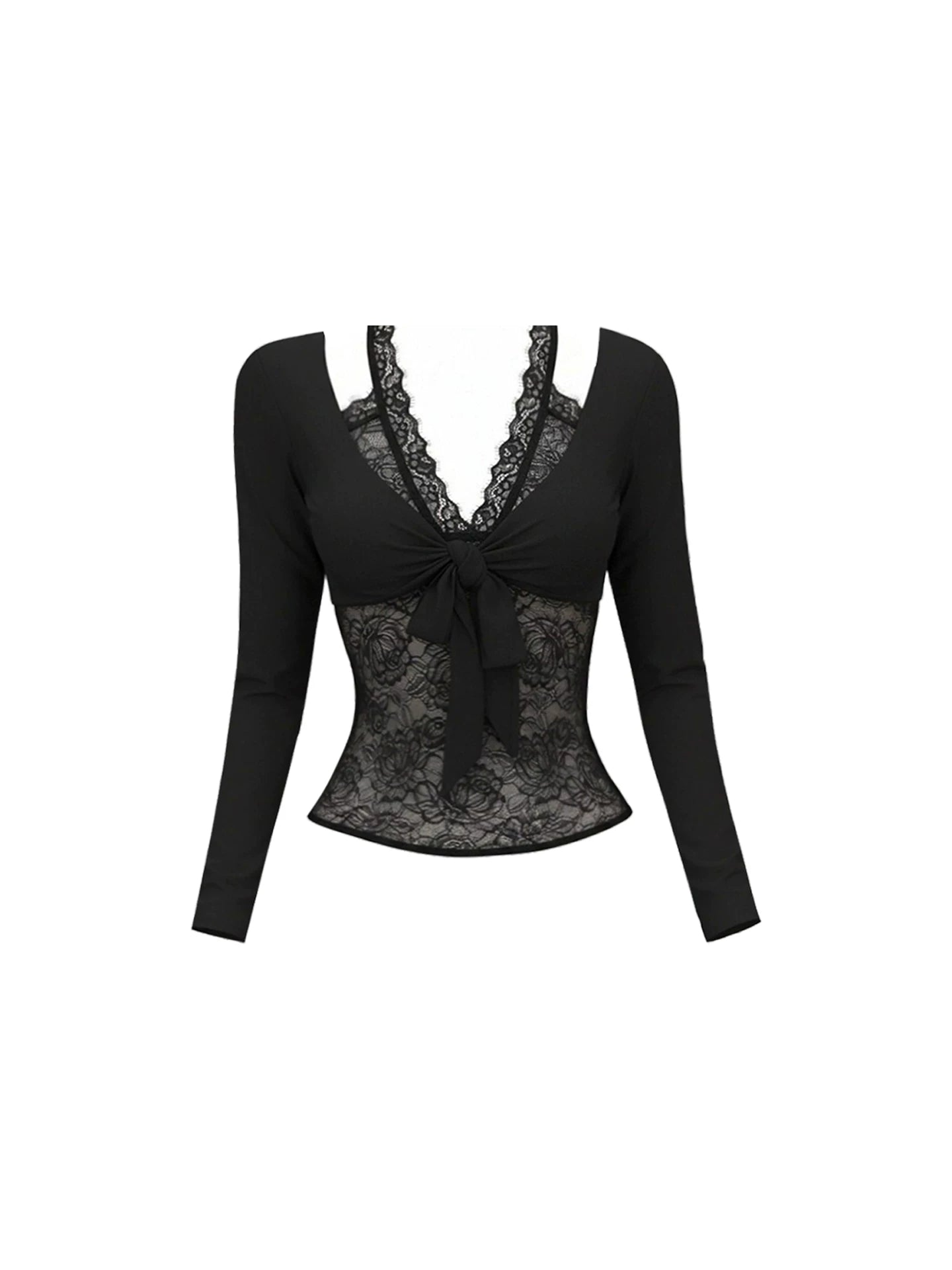 Amazing Bow Tie Top Leather Low Rise Bodycon Mini Skirt Sexy Black Sheer Floral Lace Long Sleeve Two Piece Short Dress AP5985