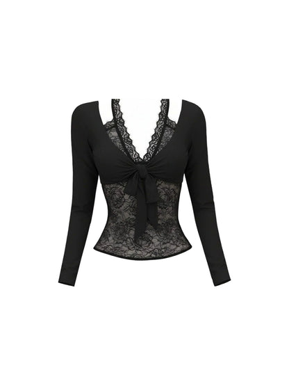 Amazing Bow Tie Top Leather Low Rise Bodycon Mini Skirt Sexy Black Sheer Floral Lace Long Sleeve Two Piece Short Dress AP5985