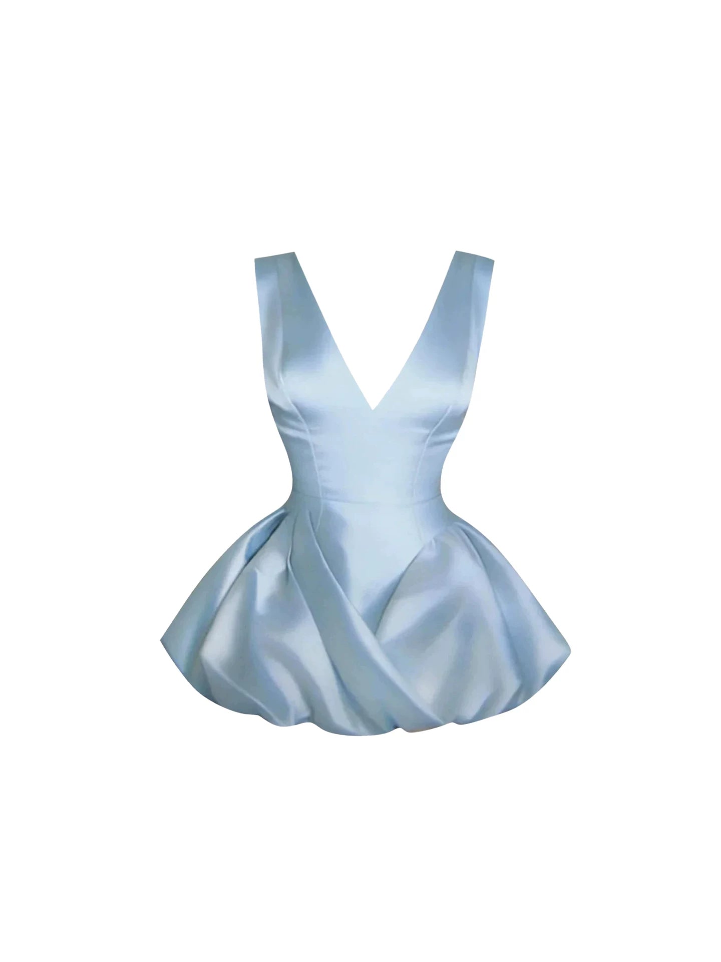 Appealing V-Neck Sleeveless A-Line Mini Skirt Elegant Light Blue Satin Fitted Corset Bodice Asymmetric Draped Peplum Short Dress AP5986
