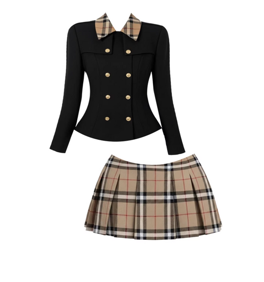 Splendid Black Fitted Blazer Two Piece Set Mini Skirt Chic Preppy Plaid Collar Gold Buttons Beige Check Pleated A-Line Short Dress AP5988