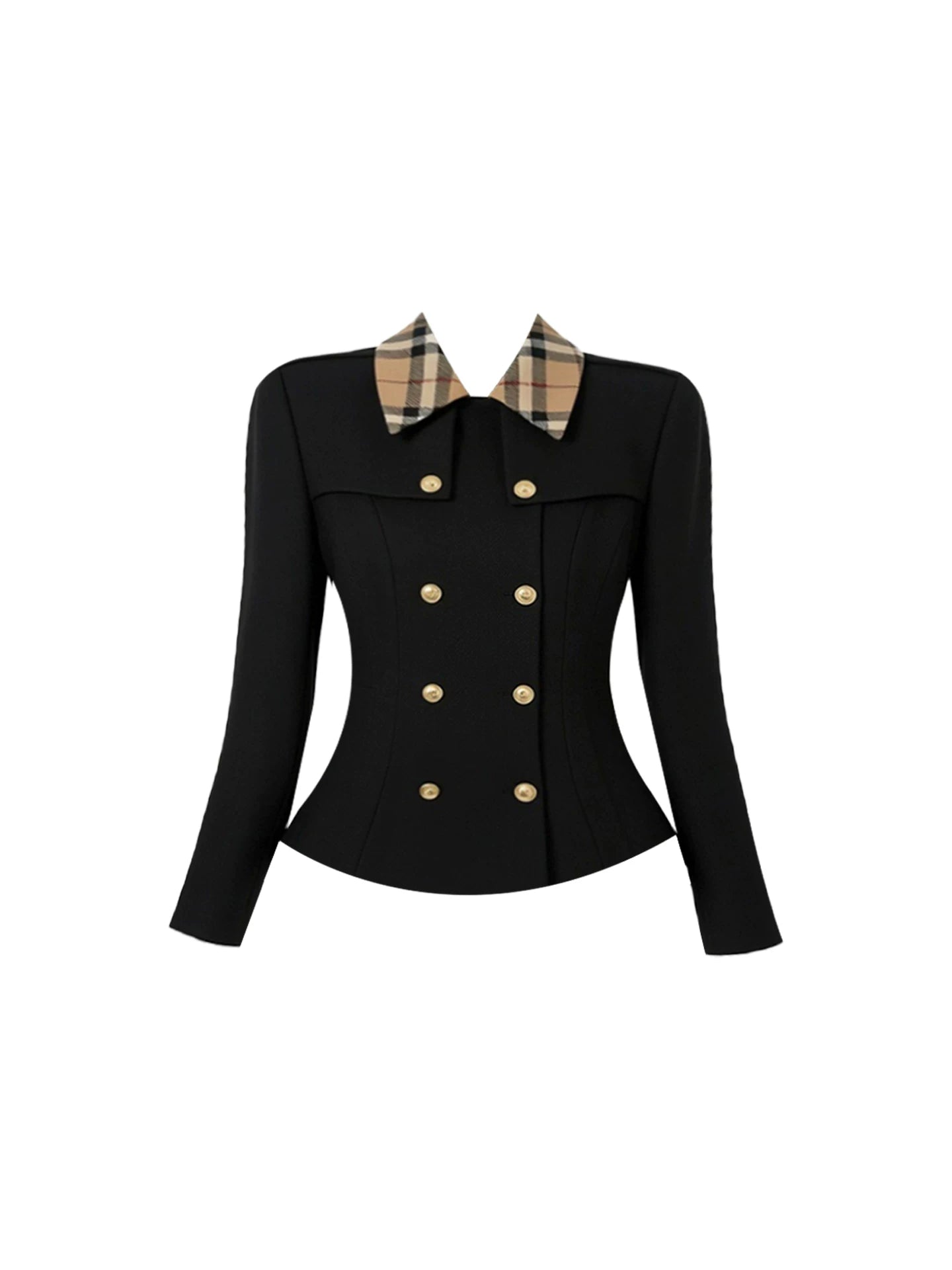Splendid Black Fitted Blazer Two Piece Set Mini Skirt Chic Preppy Plaid Collar Gold Buttons Beige Check Pleated A-Line Short Dress AP5988