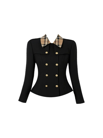 Splendid Black Fitted Blazer Two Piece Set Mini Skirt Chic Preppy Plaid Collar Gold Buttons Beige Check Pleated A-Line Short Dress AP5988