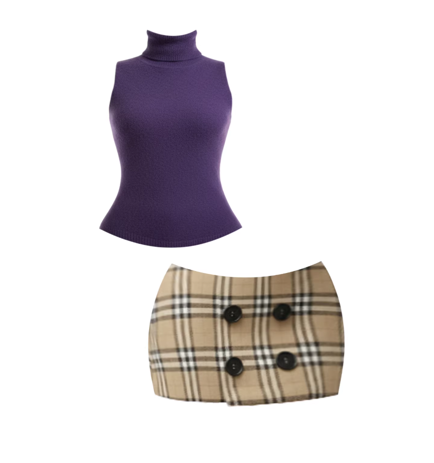 Enticing Turtleneck Sweater Beige Tartan Plaid Bodycon Mini Skirt Preppy Purple Sleeveless Two Piece Button Accent Short Dress AP5989