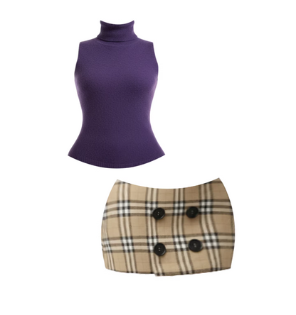 Enticing Turtleneck Sweater Beige Tartan Plaid Bodycon Mini Skirt Preppy Purple Sleeveless Two Piece Button Accent Short Dress AP5989