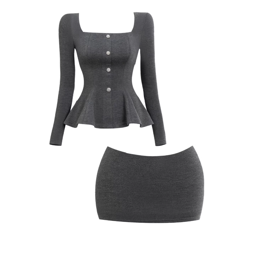 Shiny Square Neck Long Sleeve Bodycon Mini Skirt Sexy Heather Gray Knit Peplum Decorative Buttons Top Two Piece Short Dress AP5990
