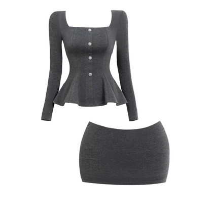 Shiny Square Neck Long Sleeve Bodycon Mini Skirt Sexy Heather Gray Knit Peplum Decorative Buttons Top Two Piece Short Dress AP5990