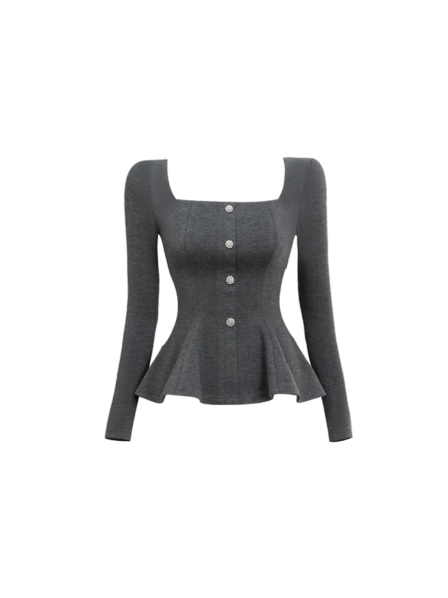 Shiny Square Neck Long Sleeve Bodycon Mini Skirt Sexy Heather Gray Knit Peplum Decorative Buttons Top Two Piece Short Dress AP5990