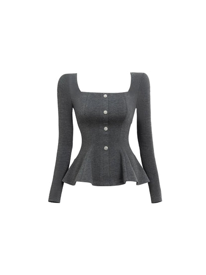 Shiny Square Neck Long Sleeve Bodycon Mini Skirt Sexy Heather Gray Knit Peplum Decorative Buttons Top Two Piece Short Dress AP5990
