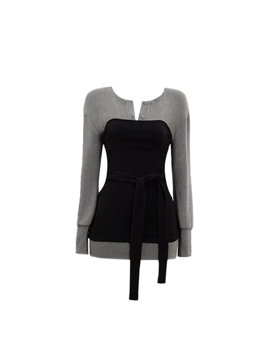 Avant-Garde Black & Grey Color-Block Bodycon Mini Skirt Modern Tie Waist Faux Two-Piece Jewel Neckline Short Dress AP5991