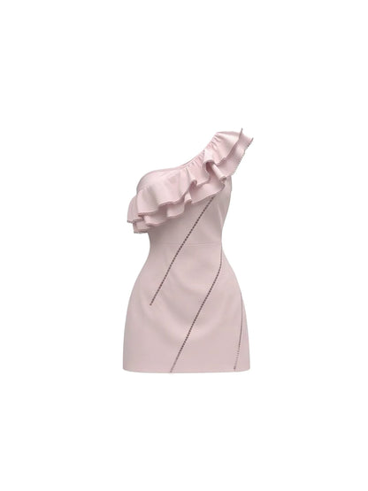 Eye-Catching Rhinestone-Trimmed Party Looks Bodycon Mini Skirt Sweet Blush Pink One-Shoulder Ruffled Short Dress AP5992
