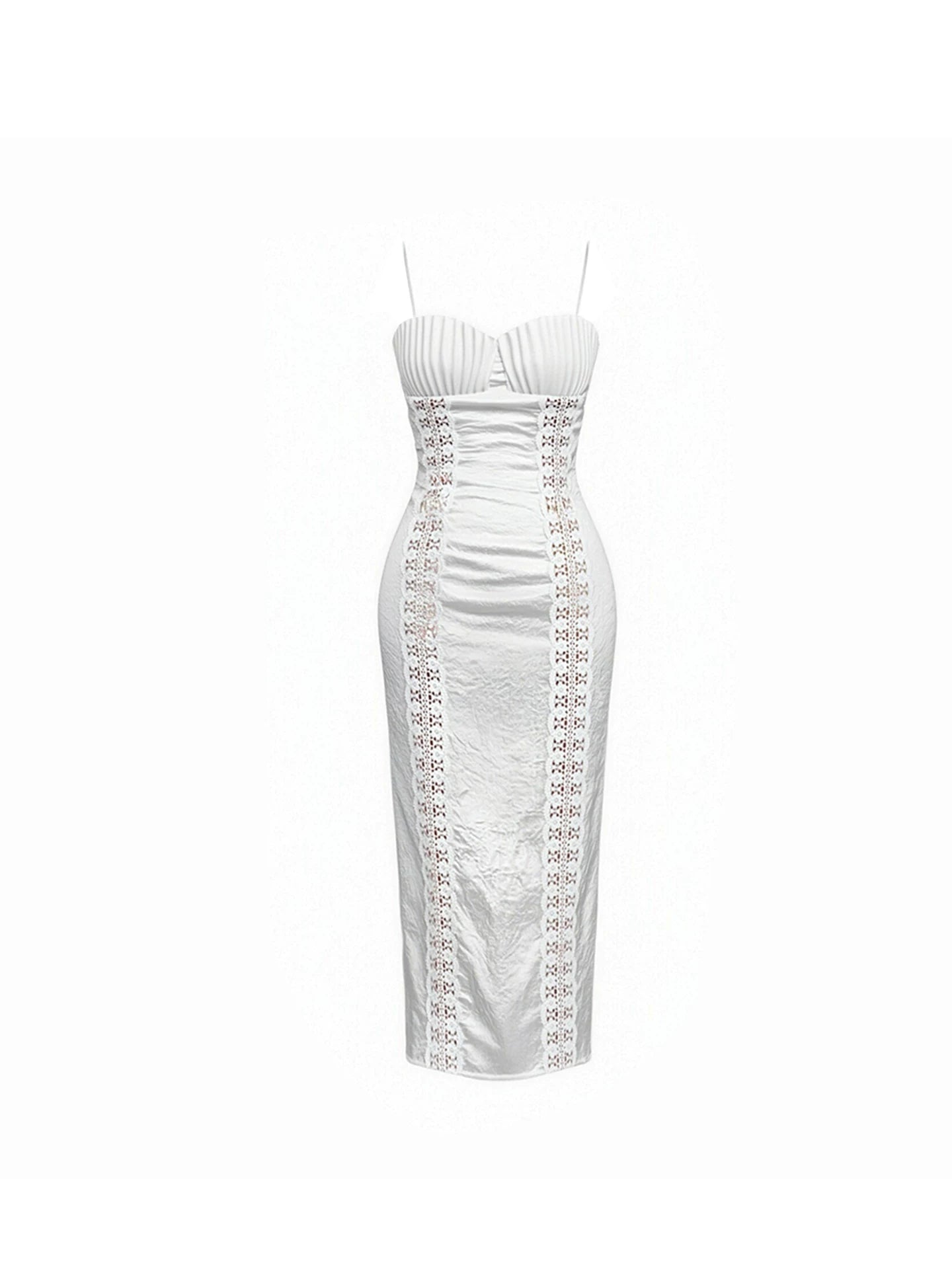 Sleek Pleated Bustier Lace Panel Bodycon Midi Dress Chic White Spaghetti Strap Sweetheart Sheath Long Dress AP5994