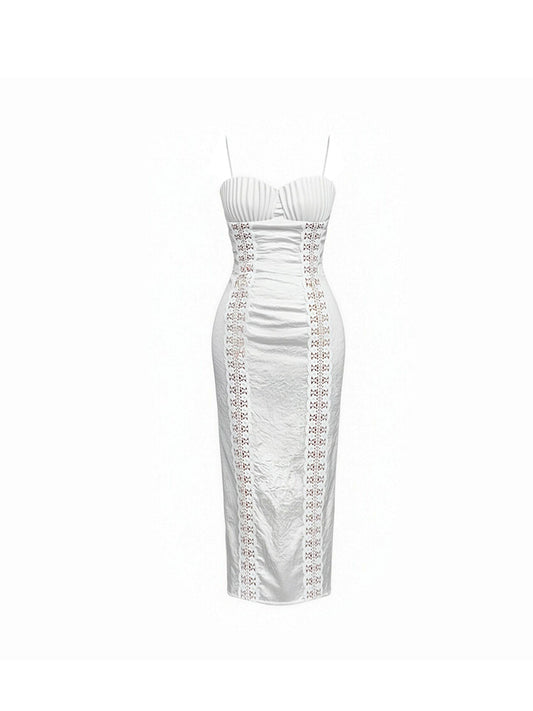 Sleek Pleated Bustier Lace Panel Bodycon Midi Dress Chic White Spaghetti Strap Sweetheart Sheath Long Dress AP5994