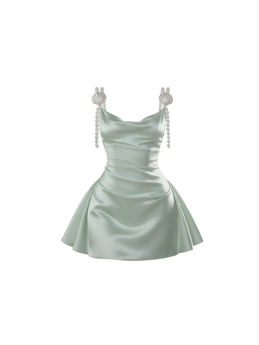 Dainty Shell & Pearl Embellished Spaghetti Strap A-Line Mini Dress Dreamy Mint Green Satin Cowl Neck Short Dress AP5995