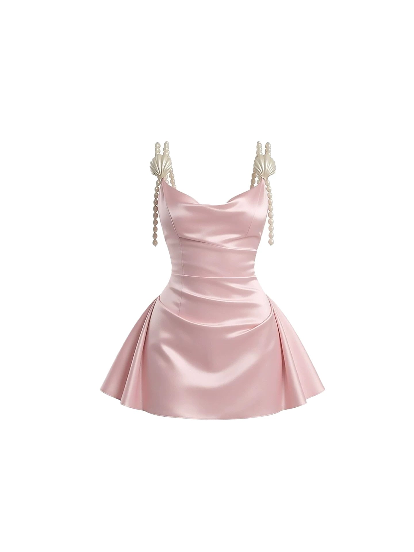 Cozy A-Line Shell & Pearl Embellished Spaghetti Strap Mini Dress Sweet Pink Satin Cowl Neck Short Dress AP5996