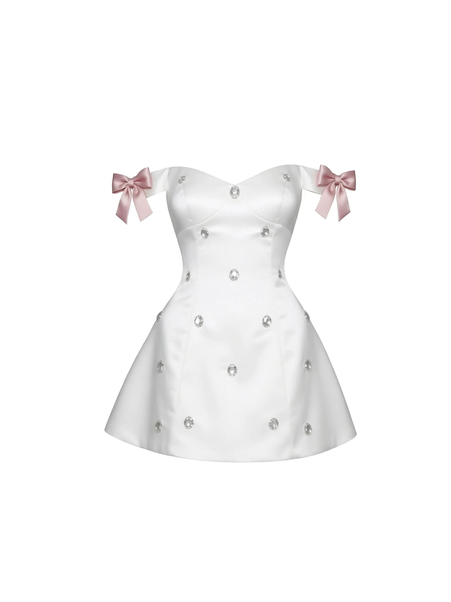 Lustrous Sweetheart Neckline Pink Bow A-Line Mini Skirt Sweet White Satin Off-Shoulders Rhinestones Details Short Dress AP5997