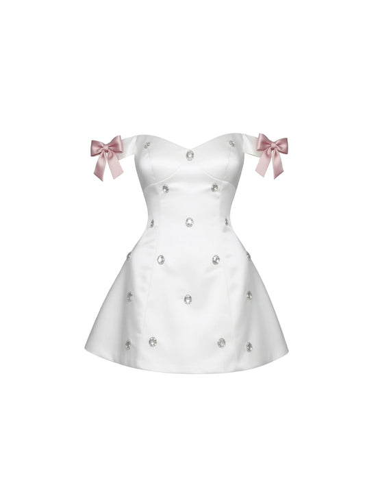 Lustrous Sweetheart Neckline Pink Bow A-Line Mini Skirt Sweet White Satin Off-Shoulders Rhinestones Details Short Dress AP5997