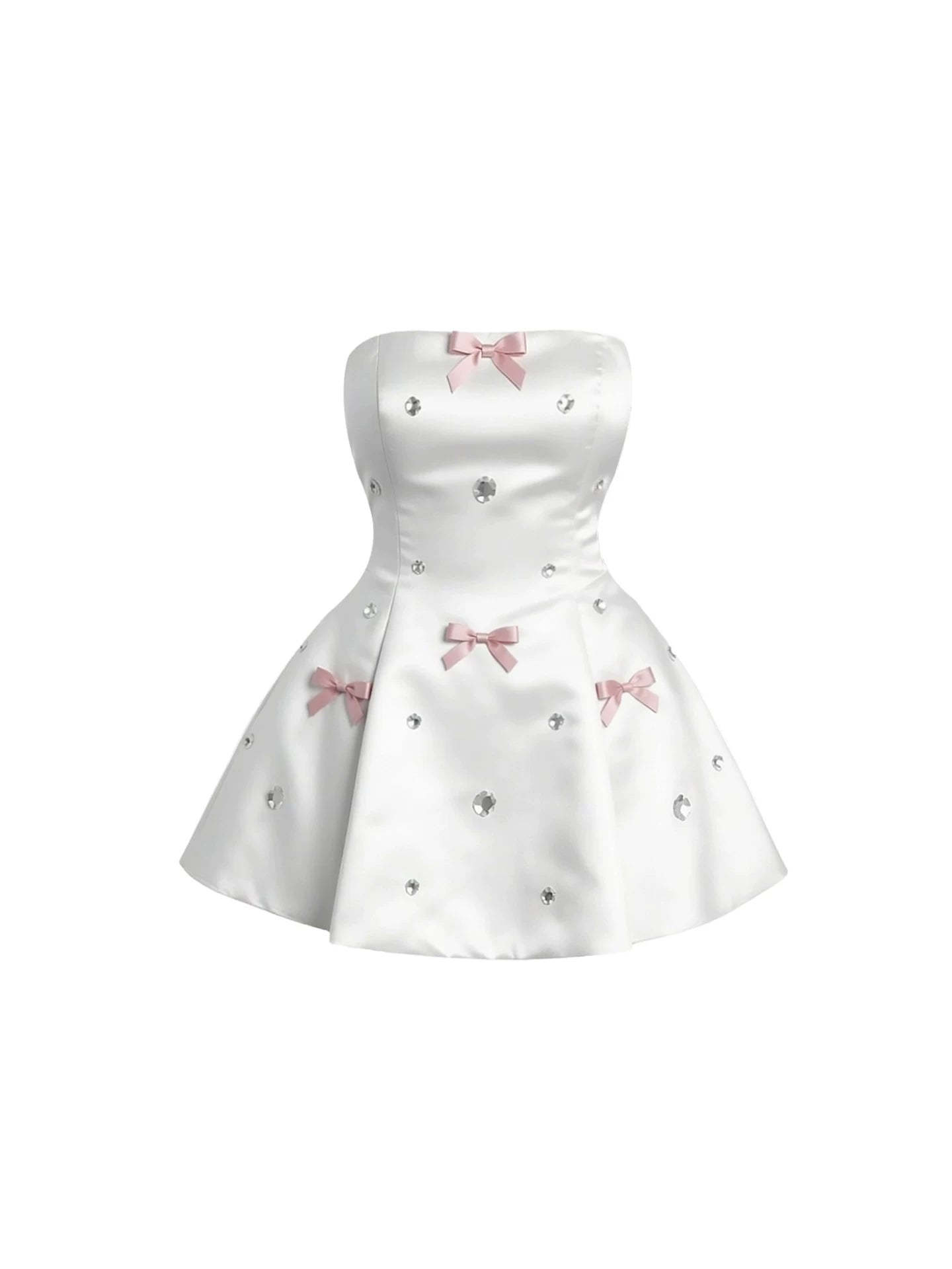 Romantic Pink Bow & Rhinestone Embellishments A-Line Mini Skirt Princess-Style White Strapless Satin Short Dress AP5998