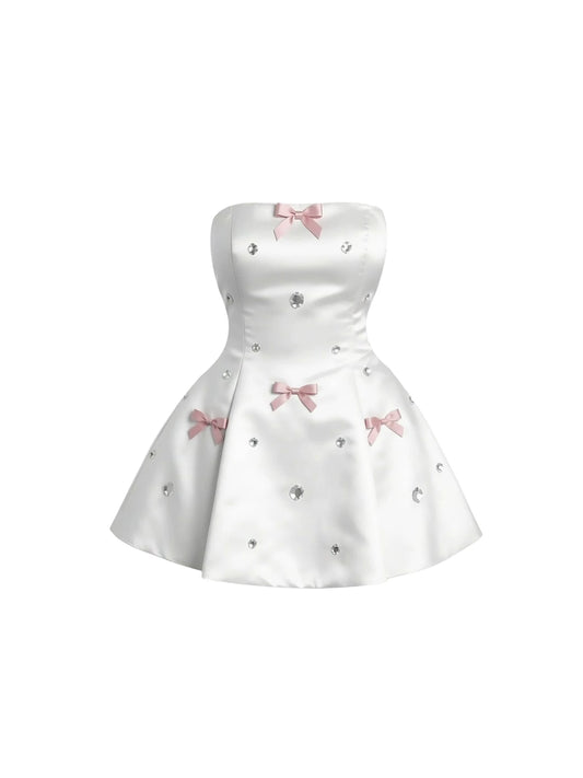 Romantic Pink Bow & Rhinestone Embellishments A-Line Mini Skirt Princess-Style White Strapless Satin Short Dress AP5998