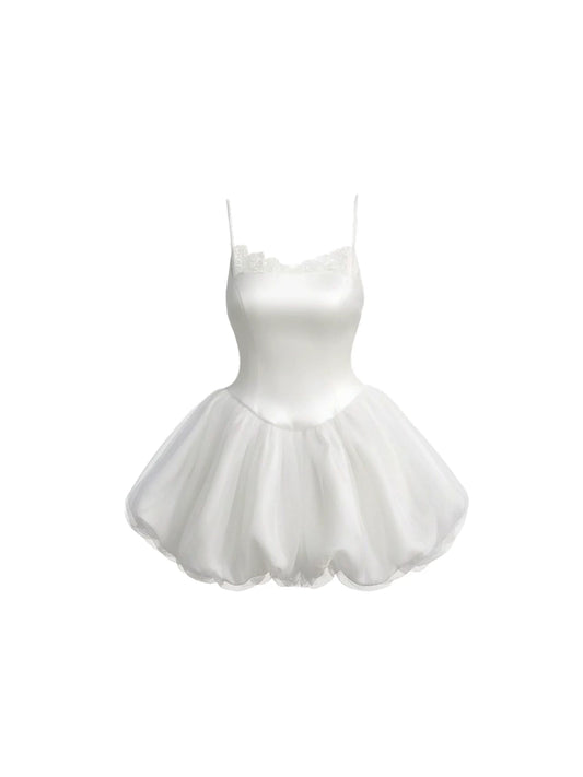 Ornate Lace Trim Tulle Bubble Spaghetti Strap Mini Dress Dreamy White Satin Ballet A-Line Short Dress AP5999