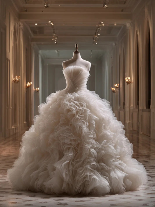 Fabulous Strapless A-Line Bridal Gowns Ruffled Tulle Wedding Dress AP6000