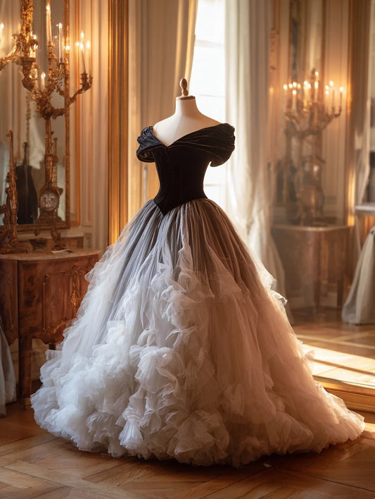 Graceful A-Line Off-Shoulder Long Evening Dress Ruffled Tulle Prom Dress AP6004