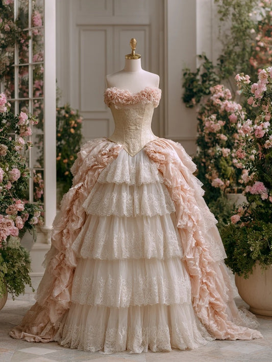 Classical Strapless A-Line Tiered Sweet 16th Gowns Lace Jacquard Prom Dress AP6005