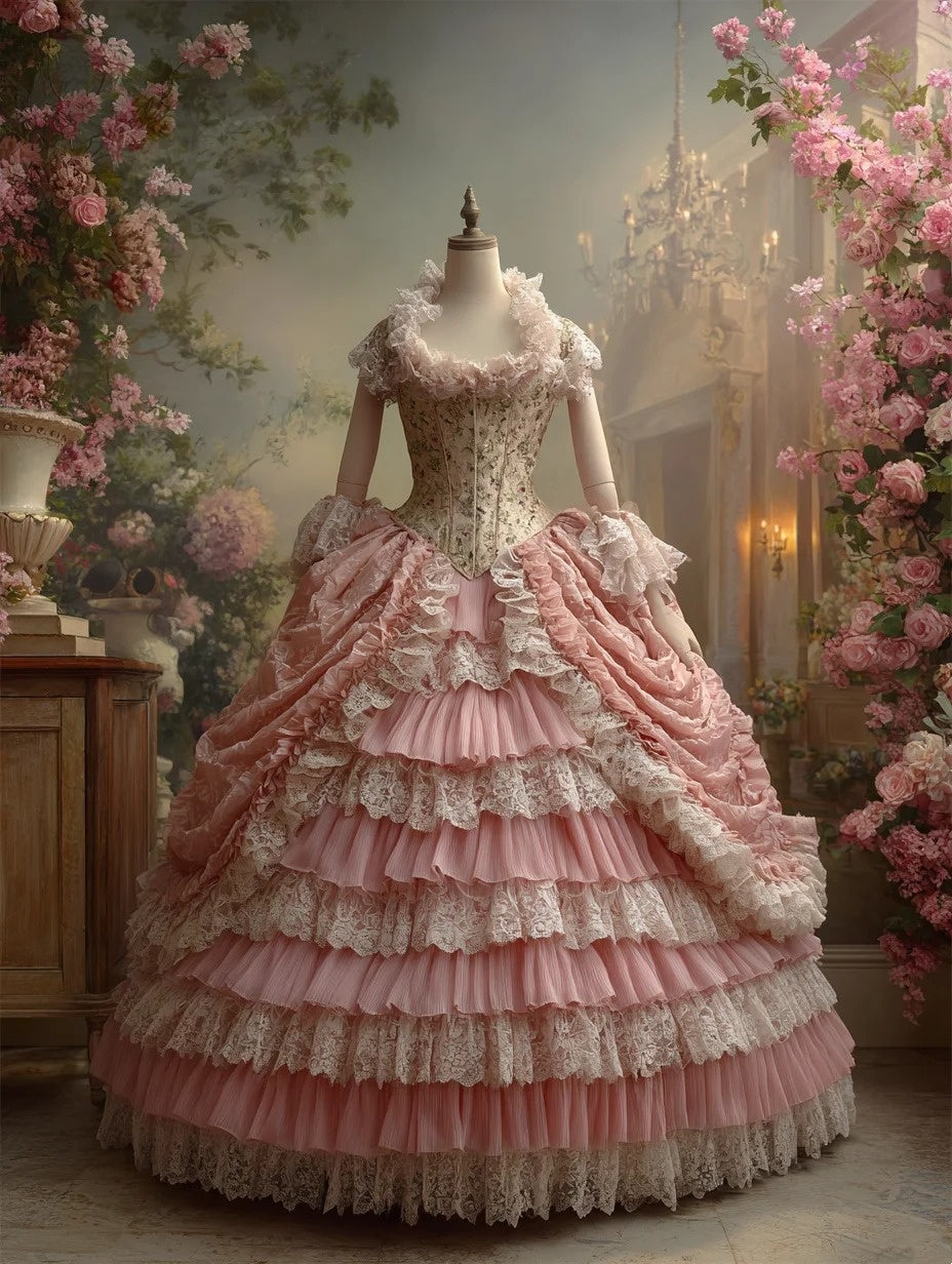 Cute Square Neck A-Line Tiered Sweet 16th Gowns Short Sleeve Lace Floral Prom Dress AP6008