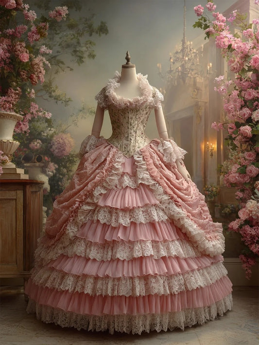 Cute Square Neck A-Line Tiered Sweet 16th Gowns Short Sleeve Lace Floral Prom Dress AP6008