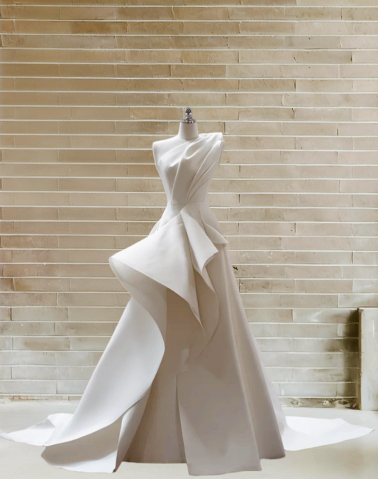 Dreamy One Shoulder A-Line Bridal Gowns Ruched Satin Wedding Dress AP6011