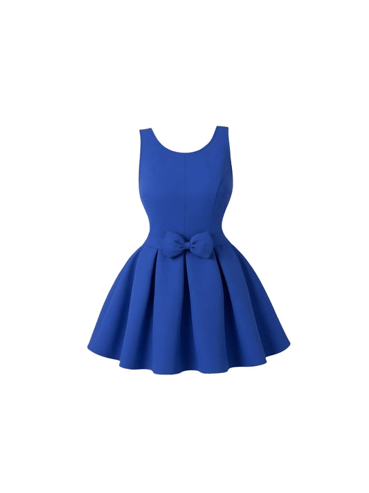 Ethereal Bow Detail Royal Blue A-Line Mini Skirt Elegant Sleeveless Flared Short Dress AP6012