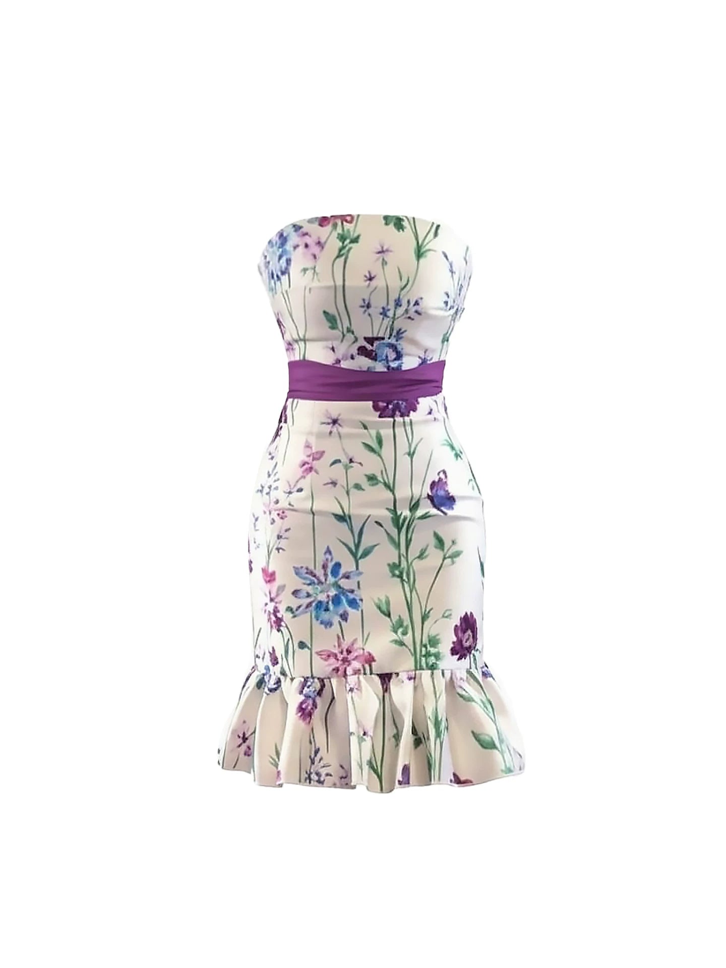Sheen Purple Sash Ruffle Hem Bodycon Mini Skirt Playful Strapless Floral Print Short Dress AP6013