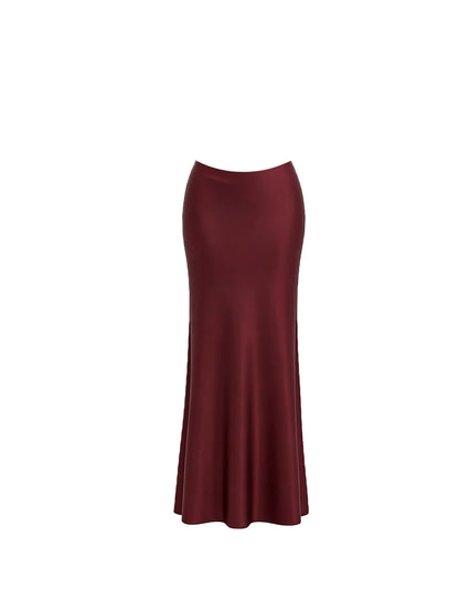 Alluring Sheer Lace Bustier Satin Mermaid Maxi Dress Chic Burgundy Two-Piece Set Long Dress AP6014