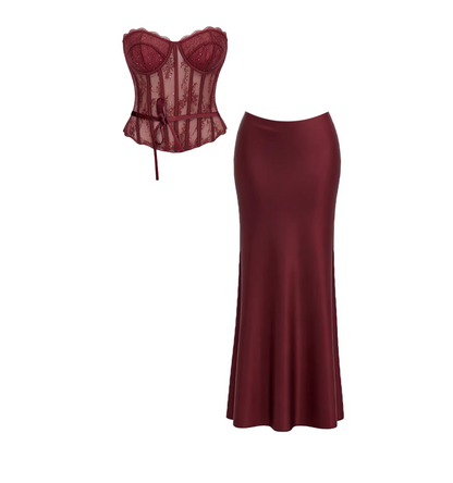 Alluring Sheer Lace Bustier Satin Mermaid Maxi Dress Chic Burgundy Two-Piece Set Long Dress AP6014